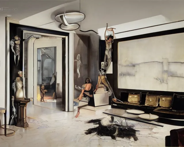 Image similar to a beautiful futuristic apartment with and antique furniture designed by mark mills and nathaniel owings, interior design, architecture, key lighting, soft lights, by steve hanks, by edgar maxence, by caravaggio, by michael whelan, by delacroix, by serov valentin, by tarkovsky, 8 k render, detailed, oil on canvas
