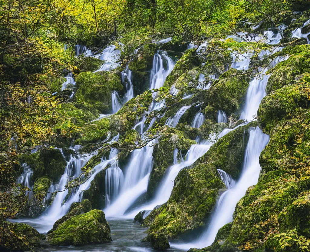 Image similar to the most beautiful panoramic 3 5 mm photography where a giant dreamy waterfall creates a river the trees around are starting and a deer
