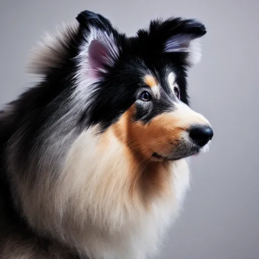 Prompt: photo of a blue Rough Collie with a large red bow knot on the head realistic