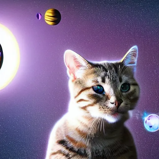 Prompt: a cute cat wearing a space helmet floating through an inter-dimensional gateway in space, dramatic lighting, cinematic, digital art