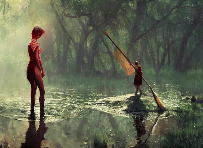 Image similar to glowing girl wading through swamp carrying a red flag , DSLR 85mm, by Craig Mullins, ilya kuvshinov, krenz cushart, artgerm, Unreal Engine 5, Lumen, Nanite