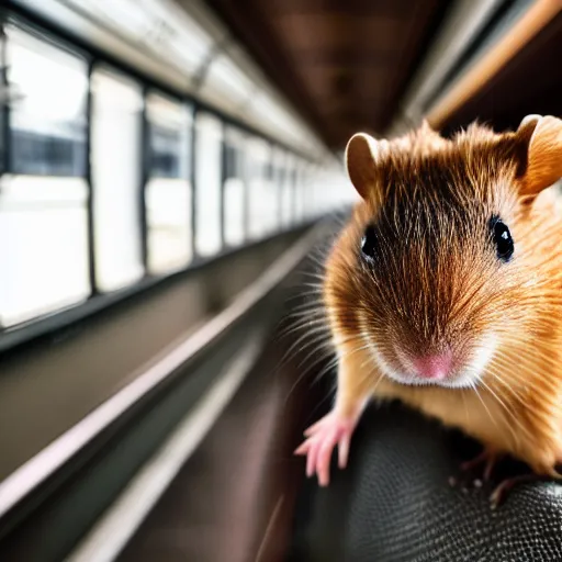 Image similar to photo of a train interior, a brown hamster is sitting on a seat in a train, various poses, unedited, soft light, sharp focus, 8 k