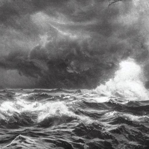 Image similar to giant anomalous creature in the middle of a violent stormy ocean, 1900s photograph