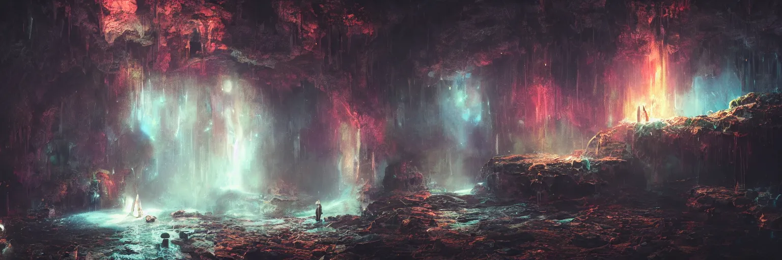 Prompt: oil painting, dungeon, underground scene, cave, glowing threads of drop, solitude under a waterfall, space flower fairy, space, stars, star rain, rich deep colors masterpiece, ultra detailed, beautiful fantasy, contrast, volumetric light, atmospheric lighting, cinematic, steampunk, moody, octane render 4 k, 8 k