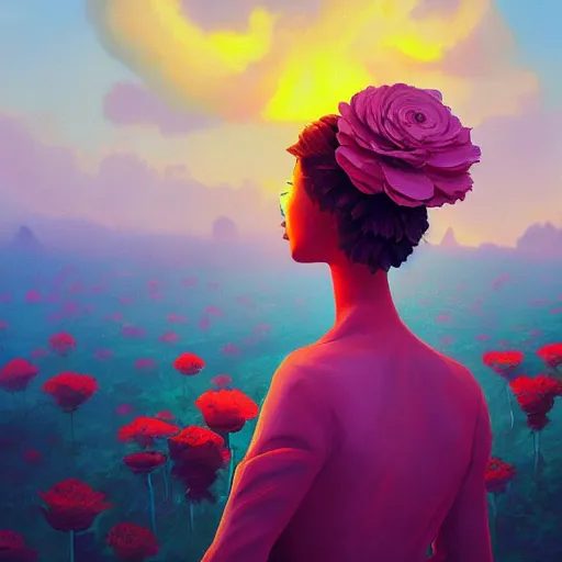 Image similar to closeup, giant rose flower head, frontal, girl with suit, surreal photography, sunrise, dramatic light, impressionist painting, digital painting, artstation, simon stalenhag