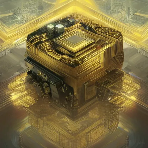 Prompt: hyper realistic golden quantum computer in the shape of a giant cube the size of a city in the middle of a Japanese city , art by artery and Greg Rutkowski and alphonse mucha, sci-fi, fantasy, intricate, ornate, very very intimidating , highly detailed, digital painting, artstation, concept art, smooth, sharp focus, illustration