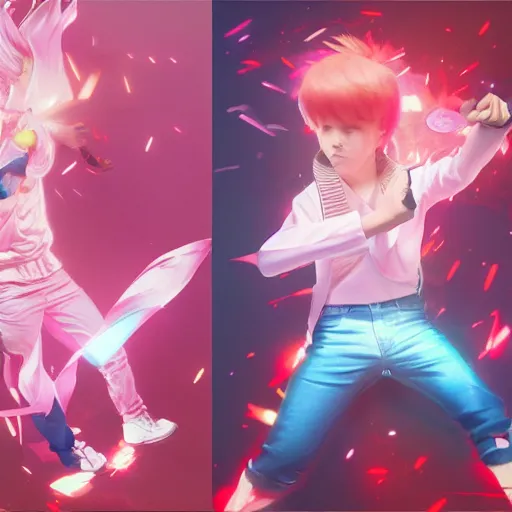 Image similar to jimin battling j hope in pokemon cards, in the style of james jean, artstation trending, 8 k, 3 d render, photorealistic, volumetric lighting caustics, pink