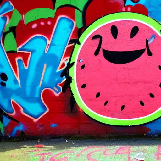 Image similar to a cute and happy watermelon, graffiti, photograph, made by banksy, vivid colors, spray brush, midday, sunny, professional