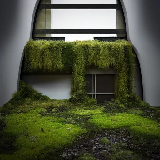 Image similar to “derelict architecture housing neighborhood , housing designed by architect Santiago Calatrava, architecture digest, the windows are covered in moss with growing vines, building surrounded in a luxury environment, dark tones, fluorescent lighting,volumetric Lighting, photorealism, high detail, golden ratio, cinematic, octane renderer”