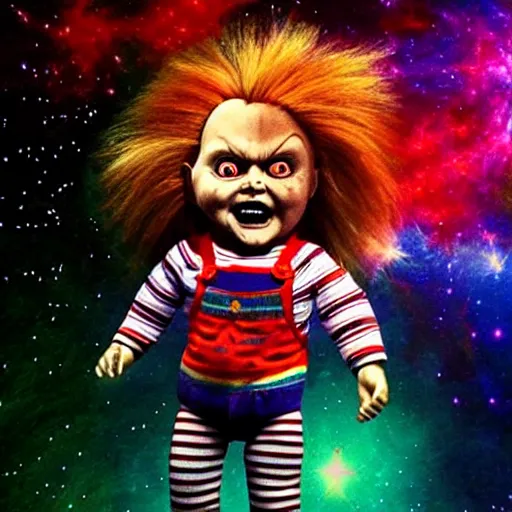 Prompt: Chucky the killer doll flying through the cosmos, psychedelic lighting