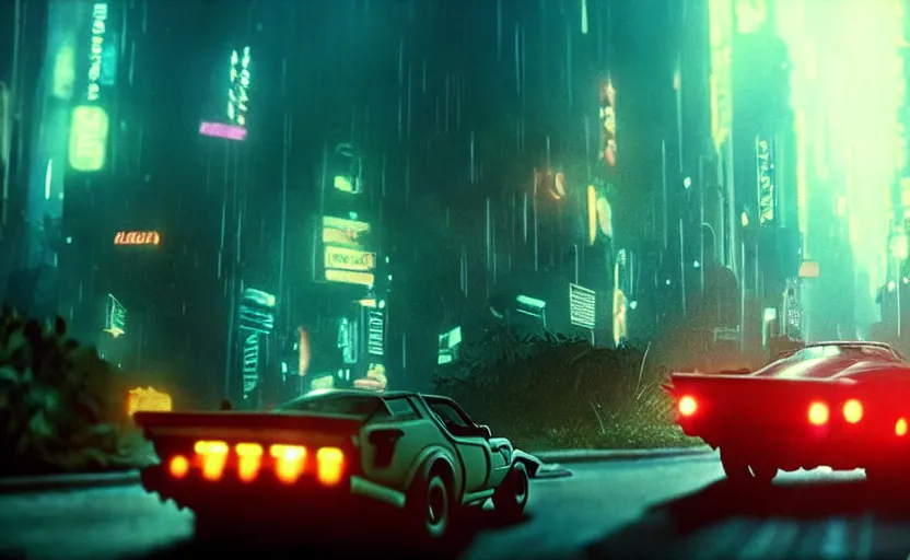 Image similar to car chase though an overgrown destroyed city, epic composition, beautiful lighting, hdr, artistic, cinematic design, by blade runner and rick and morty