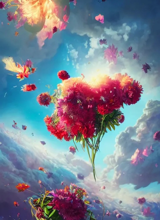 Image similar to An epic fantastic realism comic book style painting of the most beautiful flowers launched into space, bouquets, fisheye lens, unreal 5, DAZ, hyperrealistic, octane render, dynamic lighting