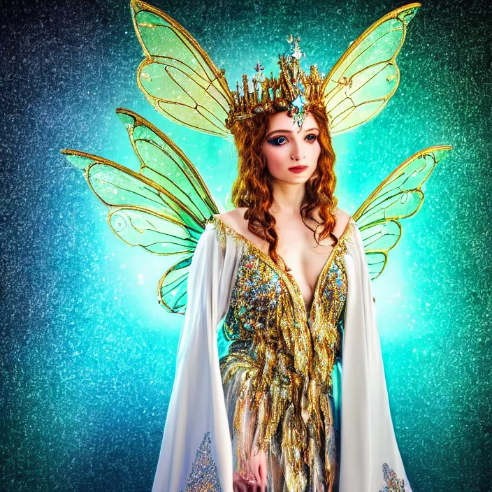 Prompt: photo of a very beautiful!! fairy queen with ornate sparkling robes, highly detailed, 4 k, hdr, smooth, sharp focus, high resolution, award - winning photo