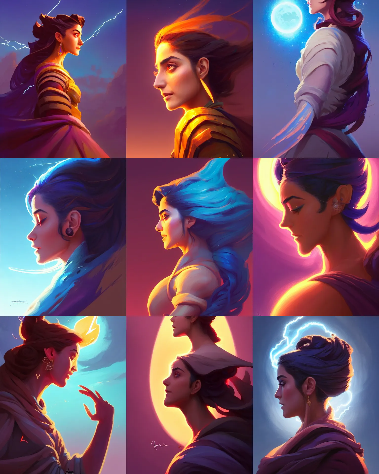 Prompt: side profile centered painted portrait, Maya Ali as a lightning mage, Gloomhaven, matte painting concept art, beautifully backlit, official fanart, pretty, beautiful, elegant, 4k, HDR, Trending on artstation, Behance, by Jesper Ejsing and RHADS and Makoto Shinkai and Lois van baarle and ilya kuvshinov and rossdraws and Cushart Krentz and Gilleard James