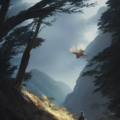 Prompt: milvus milvus bird flying in avila mountains, 4 k, concept art, by wlop, ilya kuvshinov, artgerm, krenz cushart, greg rutkowski, pixiv. cinematic dramatic atmosphere, sharp focus, volumetric lighting, cinematic lighting, studio quality