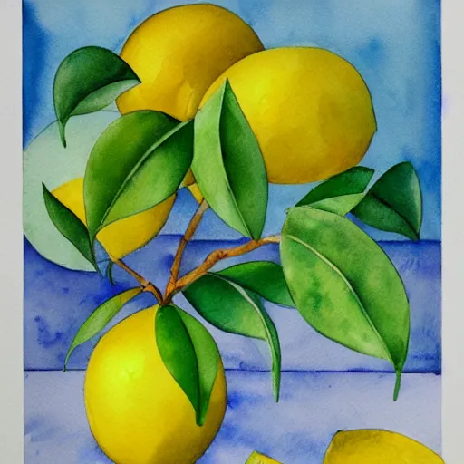 Prompt: surrealist lemon tree, trending on artstation, watercolor painting, cubism