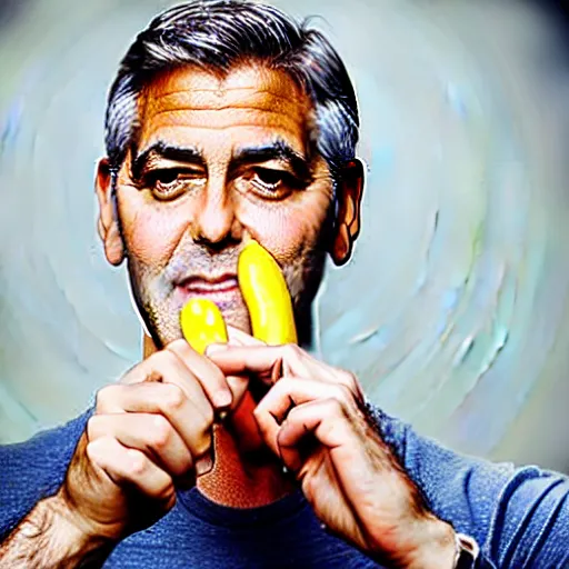 Prompt: george clooney eating a banana, hyper realistic press photo