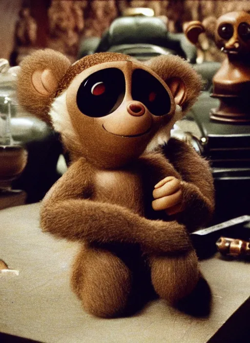 Prompt: cheburashka as don corleone in the godfather, movie frame