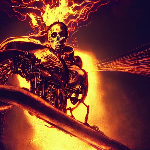 Prompt: cyberpunk ghost rider swinging a barbed wire whip, extremely detailed concept art, octane render, volumetric lighting, terrifying masterpiece, maximalist, neo-expressionist, full body portrait, black background, lots of flames, horror, by Frank Miller, by Bernie Wrightson, by Giger, by Julie Taymor