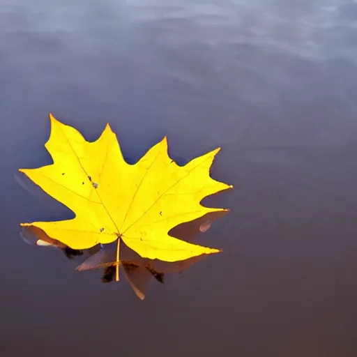 Image similar to close - up of a yellow maple leaf floating on top of a pond, with reflection