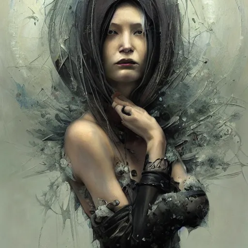 Prompt: a beatiful painting of portrait, ghost of a woman, cyberpunk, by Mizuri AU and Soufiane Idrassi and BONDARTS and Tomasz Alen Kopera and Klaus Wittmann and Deathburger and Daniel Romanovsky and Aku, trending on artststion