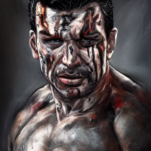 Prompt: portrait of remorseful frank castle the punisher, bruised, face paint, intricate, elegant, highly detailed, centered, grungy, digital painting, artstation, concept art, smooth, sharp focus, illustration, artgerm, artstation, boris vallejo