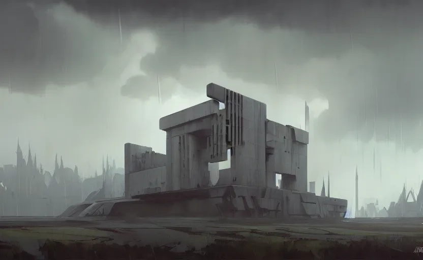 Image similar to painting of a wide angle exterior shot of a white concerete brutalist architecture stronghold modern castle with rainy and moody cinematic lighting by darek zabrocki and greg ruthkowski, alphonse mucha, simon stalenhag and cinematic and blue cold atmospheric, archillect concept art, artstation, trending on artstation