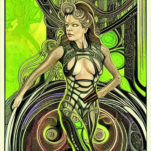 Prompt: Jeri Ryan in the role of Seven of Nine the Borg from star trek, art nouveau, amazing details, intricate details, beautiful ,insane details , tarot card, black paper, neon green, fractal system circuit , in the style of Alphonse Mucha,