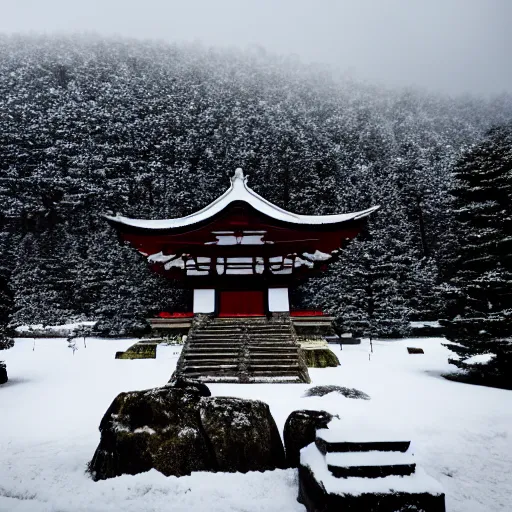 Image similar to a monolithic japanese temple on a snowcapped mountain. snowing, grainy, overcast sky.