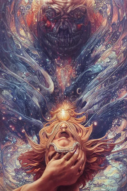 Image similar to donald trump, by artgerm and yoshitaka amano and moebius and hr giger and zdislaw beksinski and alphonse mucha, hyperdetailed, symmetry, glamour, surreal, dc comics, ornate, stunning, nebula, explosions in the sky, trending on artstation