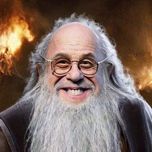 Image similar to danny devito starring as gandalf the white in the 2 0 2 4 lord of the rings movie smoking, full body, hyper realistic, high quality, wide angle