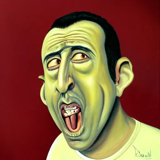Image similar to beautiful lifelike painting of adam sandlers agitated asthma attack, hyperreal detailed facial features and uv lighting, art by ed roth and basil wolverton