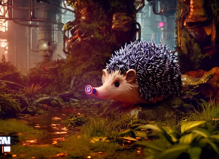 Image similar to giants mechanical hedgehog on the background of a weird magical mechanical forest. Very detailed 8k. Fantasy cyberpunk horror. Sharp. Cinematic post-processing. Unreal engine. Nanite. Ray tracing. Parallax. Tessellation