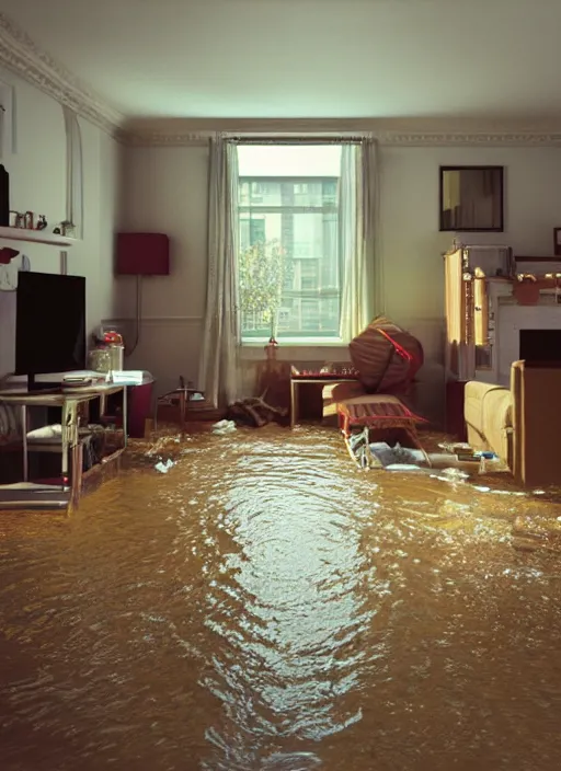 Prompt: kodak portra 4 0 0 photographic and realistic, 7 0 s living room, detailed, octane render, 4 k, hyper realistic, only floor flooded, wide angle, 2 8 mm, sharp focus, soft light, volumetric light fog, in the style of gregory crewdson