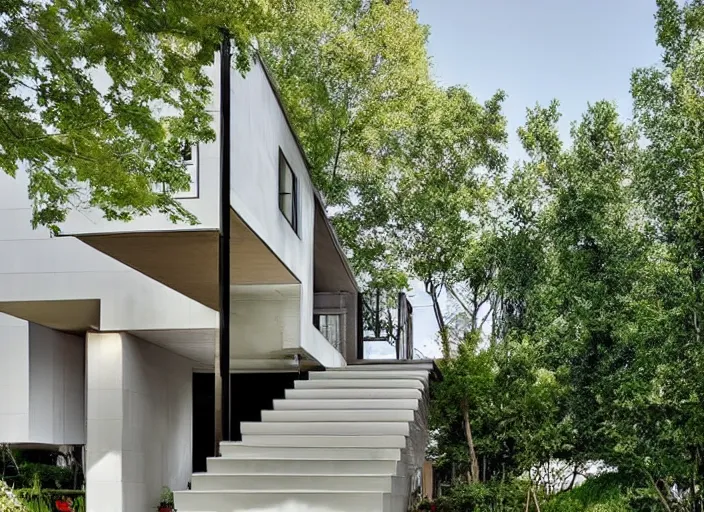 Image similar to a house with only stairs, peaceful suburban scene