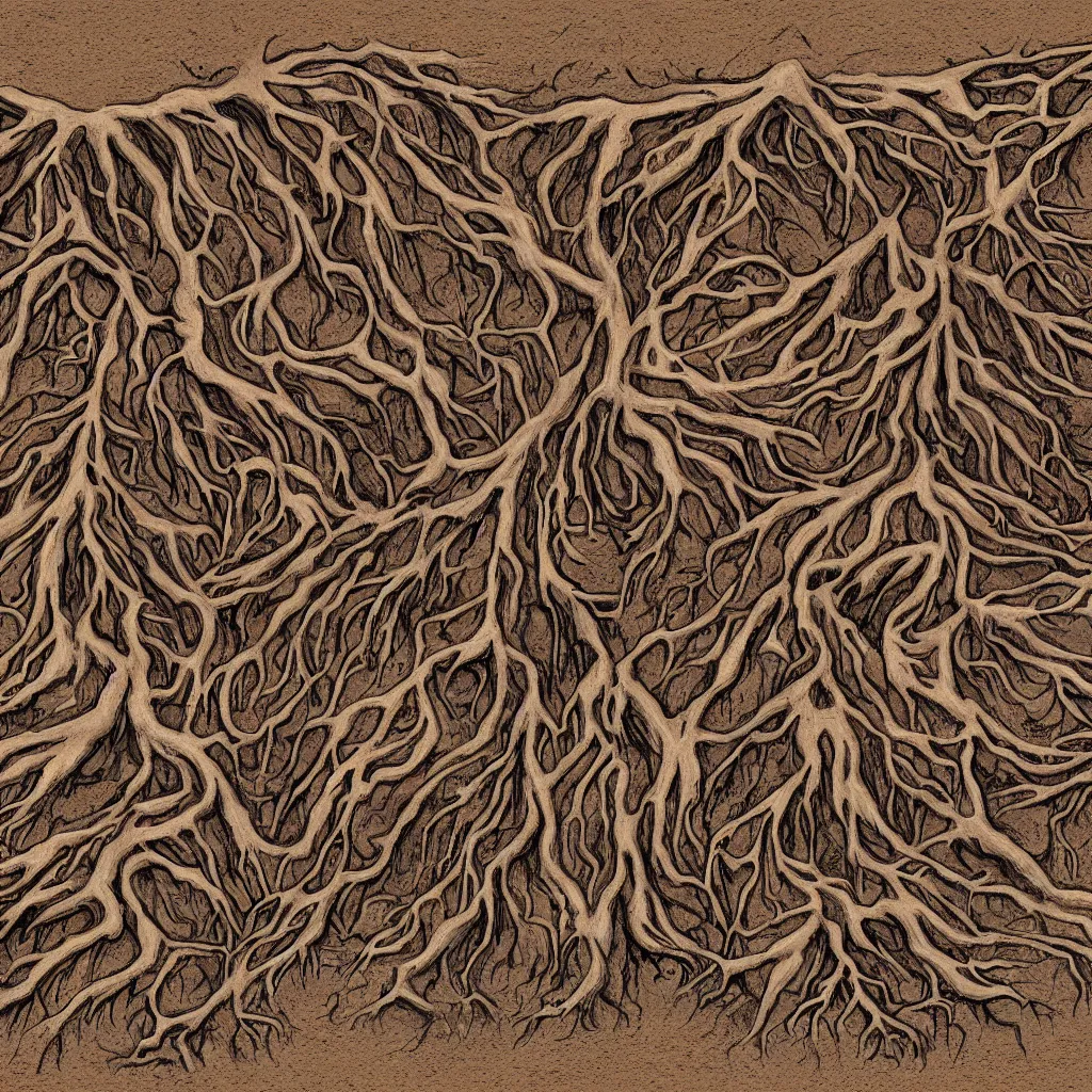 Prompt: a digital topdown painting of nightmare horror mud with bricks thick tree roots and many muddy body parts, faces rising from the ground.