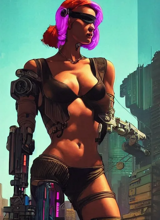 Prompt: buff cyberpunk mercenary lady. portrait by stonehouse and mœbius and will eisner and gil elvgren and pixar. realistic proportions. cyberpunk 2 0 7 7, apex, blade runner 2 0 4 9 concept art. cel shading. attractive face. thick lines.