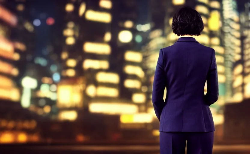 Image similar to a wide shot of a woman with a wool suit, short dark hair, blurred face, wearing an omega speedmaster on her wrist in front of a crowded dystopian city at night with cyberpunk lights