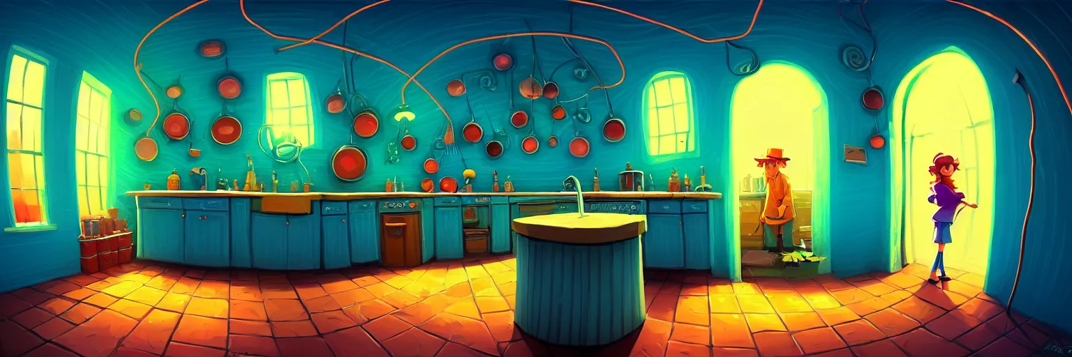 Prompt: analogous bright colors, underground, basement, fisheye spiral, naive, extra narrow, detailed illustration of a kitchen, large floor, dimly lit by rhads from lorax movie, trending artstation, dark blue, vines crawling, tavern