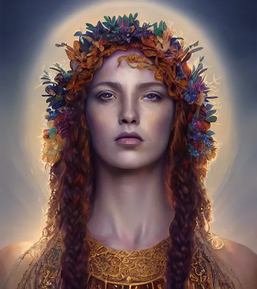 Image similar to majestic gracious regal persephone portrait, ancient greece, mysterious atmospheric lighting, elysian fields, painted, intricate, iridescent, volumetric lighting, beautiful, rich deep colours masterpiece, golden hour, golden ratio, sharp focus, ultra detailed, by leesha hannigan, ross tran, thierry doizon, kai carpenter, ignacio fernandez rios