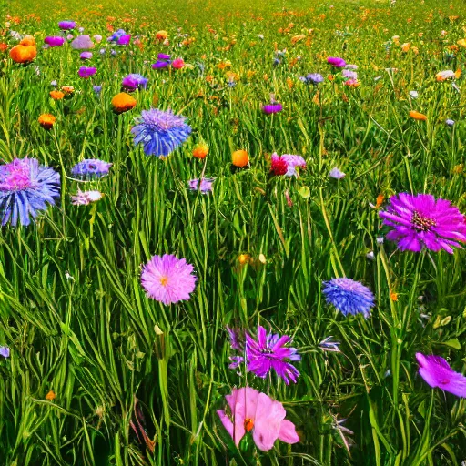 Prompt: a flowery meadow viewed from the perspective of a butterfly, photorealistic, beautiful, 8 k, gentle lighting, soft tones, vivid, 8 k