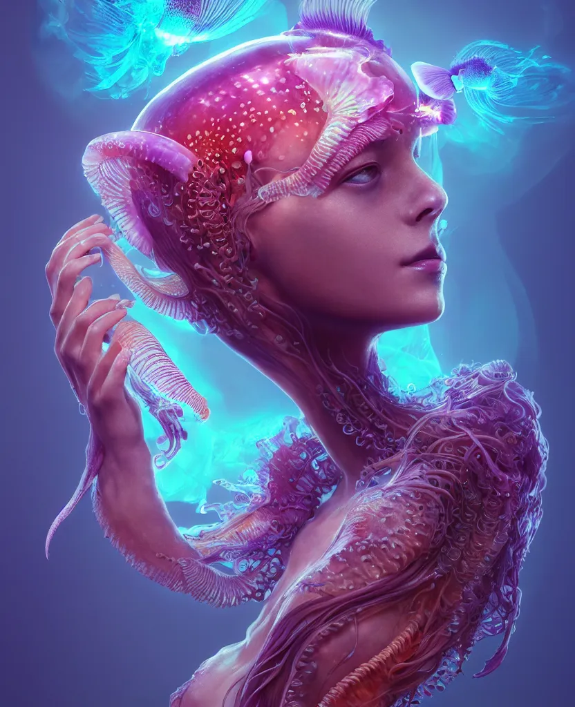 Image similar to goddess close-up portrait. jellyfish phoenix head, nautilus, orchid, skull, betta fish, bioluminiscent creatures, intricate artwork by Tooth Wu and wlop and beeple. octane render, trending on artstation, greg rutkowski very coherent symmetrical artwork. cinematic, hyper realism, high detail, octane render, 8k