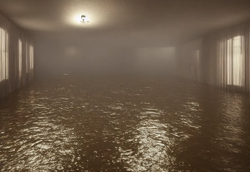 Image similar to kodak portra 4 0 0 photographic and realistic, interior of a theater, detailed, octane render, unreal engine, 4 k, artstation, hyper realistic, wide angle, floor flooded, how a river, objects that float, 3 5 mm, sharp focus, soft light, volumetric light fog, in the style of gregory crewdson