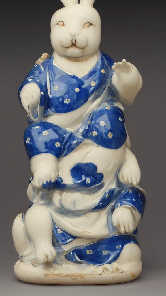 Prompt: porcelain rabbit head budda statue with blue details having a japanese kiseru in hand painted by john singer sargent