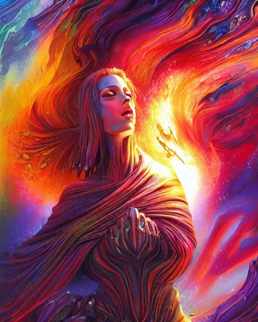 Image similar to rainbow fire, by antonio j. manzanedo, alex grey, android jones, wayne barlowe, philippe druillet, raymond swanland, cyril rolando, josephine wall, harumi hironaka, cronenburg, trending on artstation