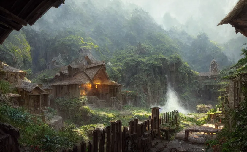 Image similar to painting of a series of opposing living quarters overlooking communal area carved into a mountain, lush garden with hot spring between, cozy bed, well maintained, clean, medieval, fantasy genre, natural light, fantasy, natural light, concept art, by greg rutkowski and craig mullins, cozy atmospheric and cinematic lighting, trending on artstation