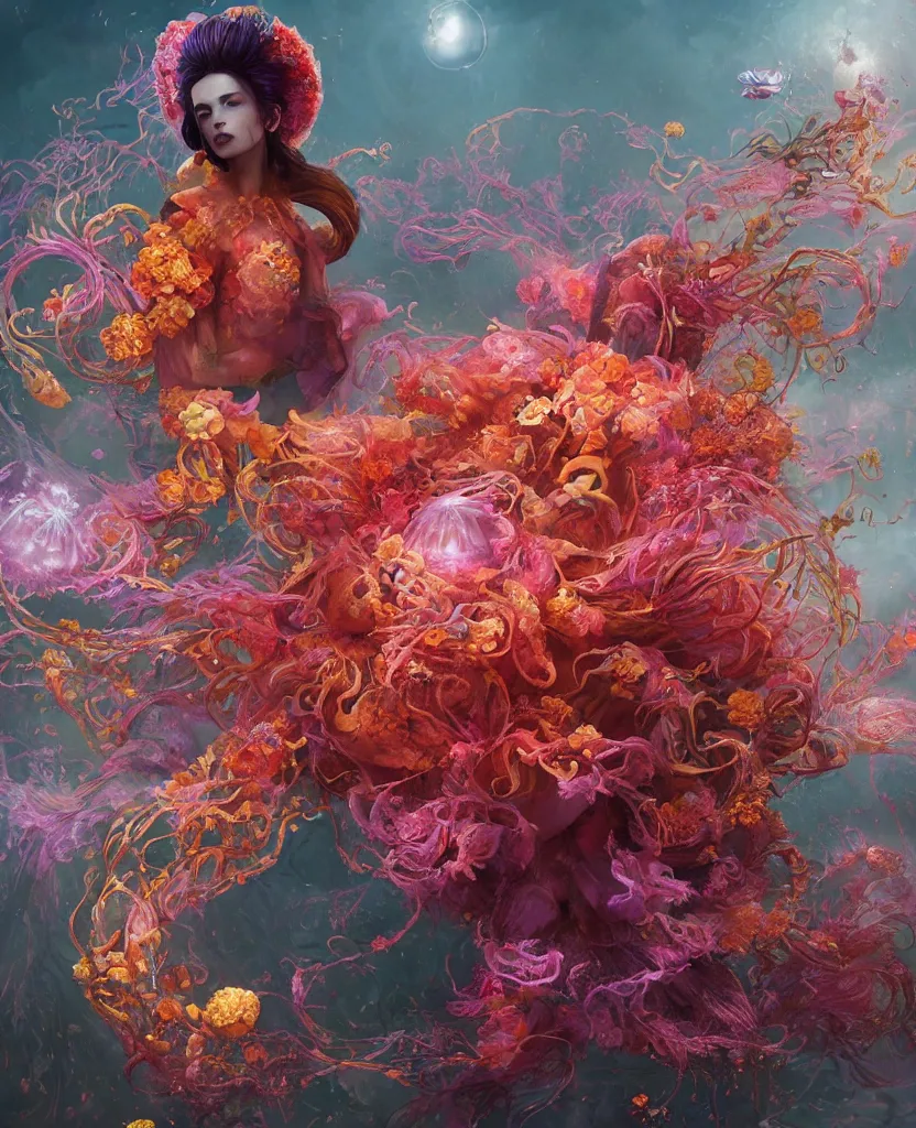 Prompt: vibrant and contrast photorealistic 3d fancy portrait of a queen of death giant floating flower and jellyfish by Greg Rutkowski, Sung Choi, Mitchell Mohrhauser, Maciej Kuciara, Johnson Ting, Maxim Verehin, Peter Konig, Bloodborne, beeple, 8k photorealistic, cinematic lighting, HD, high details, atmospheric, made in Maya, Blender and Photoshop, octane render, excellent composition, cinematic dystopian brutalist atmosphere, dynamic dramatic cinematic lighting, aesthetic, very inspirational, gloomy mood