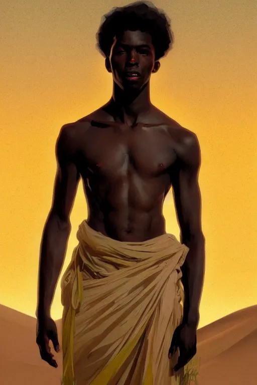 Prompt: full figure african young man, luminous scene, by greg rutkowski and alphonse mucha, d & d character, gradient white to gold, in front of a dune desert background, highly detailed portrait, digital painting, artstation, concept art, smooth, sharp focus illustration, artstation hq