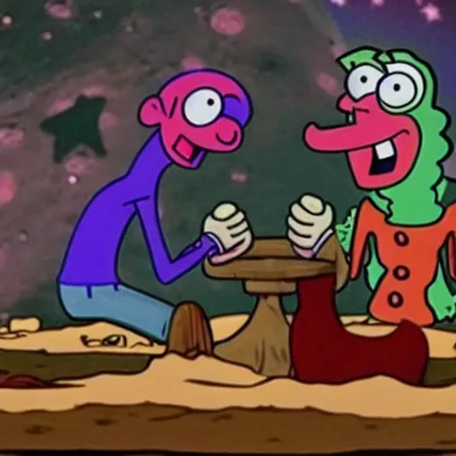 Image similar to Squidward arm wrestling with cowboys on the moon in an episode of Spongebob