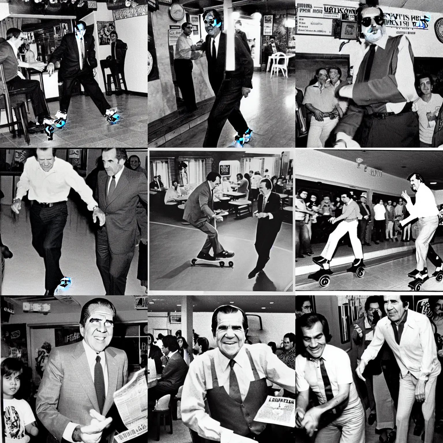 Prompt: Photo of President Nixon rollerblading in a Mexican restaurant, award-winning front-page newspaper, grainy, 1970s,